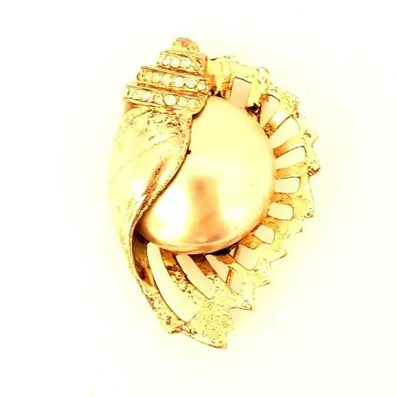 Marslieu Sterling Silver Gold Nautilus Shell Pearl Brooch Earring Set Signed VTG